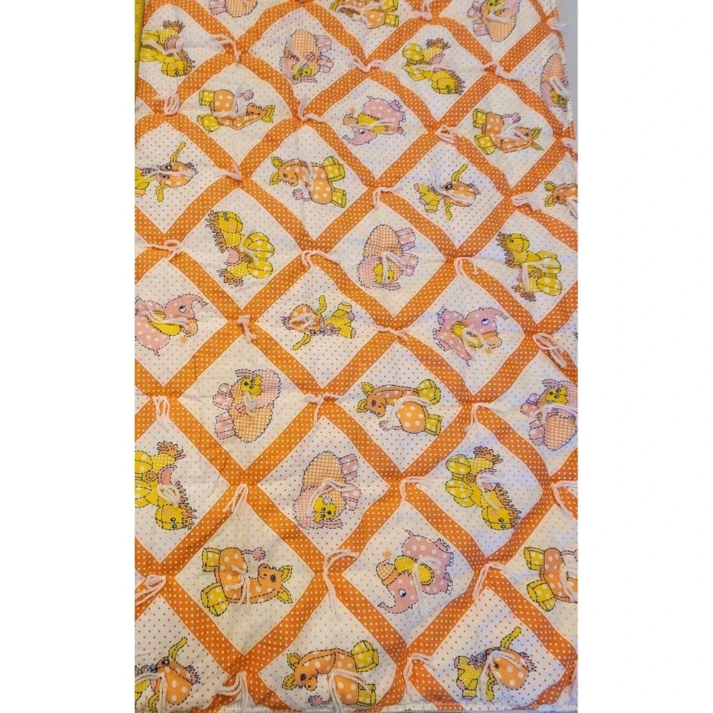 Vtg 70s Handmade Tied Baby Crib Quilt Animals & Polka Dots Orange Mod Nursery